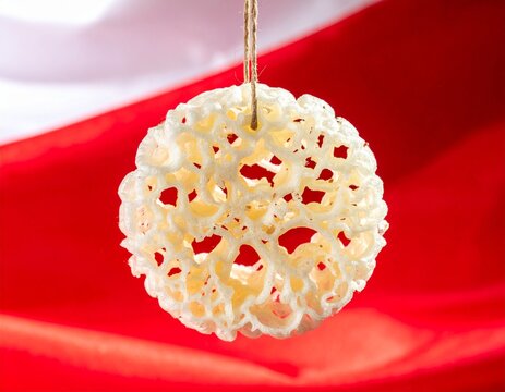 Close-up of a round white Palembang cracker with detailed curly porous texture suspen 