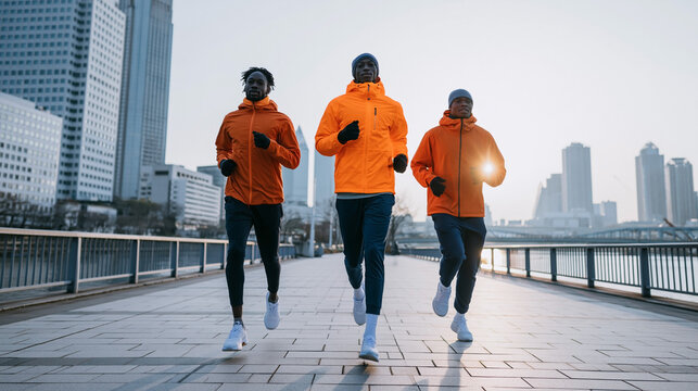 Men health. Three male runners in bright orange jackets jogging along a waterfront promenade with modern city skyline and tall buildings in the background during early morning
