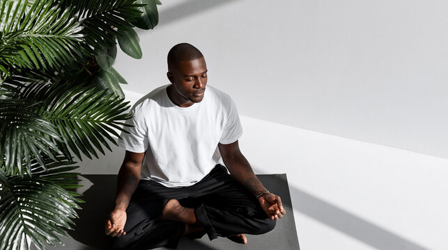  Men's Health. African male practicing meditation in a serene indoor space with large green plant and natural light illuminating the minimalist environment