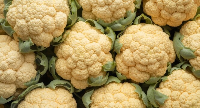 Fresh Cauliflower Heads Stacked Together with Green Leaves in Natural Lighting