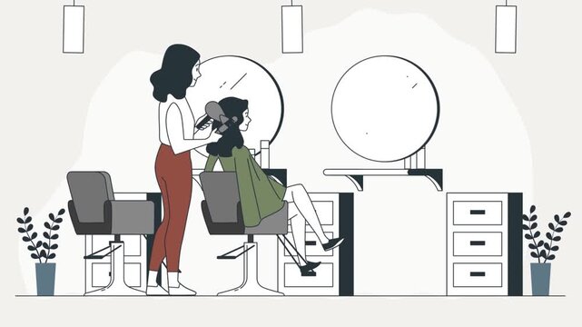 Hairdresser Styling Client Hair at Beauty Salon Interior 2D Animation
