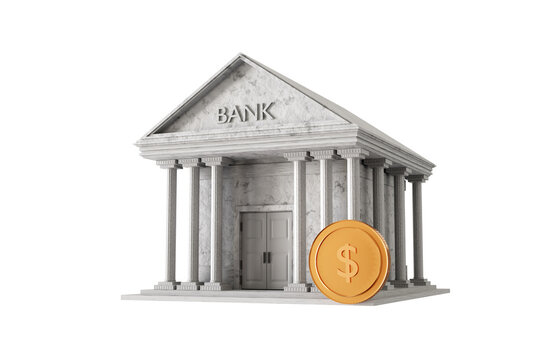 Bank building with golden coin isolated on white background. Money savings concept