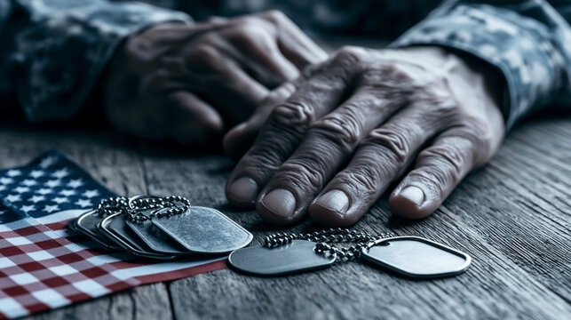 Close-up of hands resting on wooden table beside military dog tags and folded American flag, showcasing themes of service and remembrance