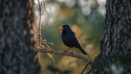 Obraz premium Blackbird Perched on a Branch in Soft Morning Light