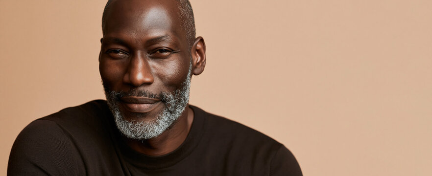 Mature African American man with a well-groomed beard smiles confidently, wearing a black t-shirt against a soft, neutral background