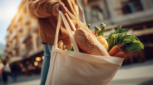 Reusable cloth shopping bag filled with fresh vegetables and bread, promoting sustainable shopping, eco-friendly lifestyle, healthy groceries, and plastic-free living.
