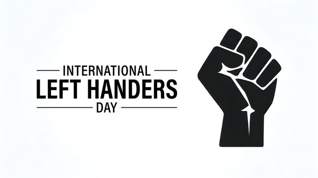 International left handers day text with a black fist symbol isolated on white background