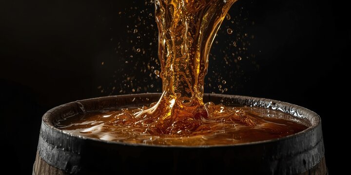 Golden Liquid Flowing into a Barrel with Dark Background