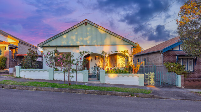 Suburban residential Brick house Terracotta Roof at Sunset in Sydney NSW Australia