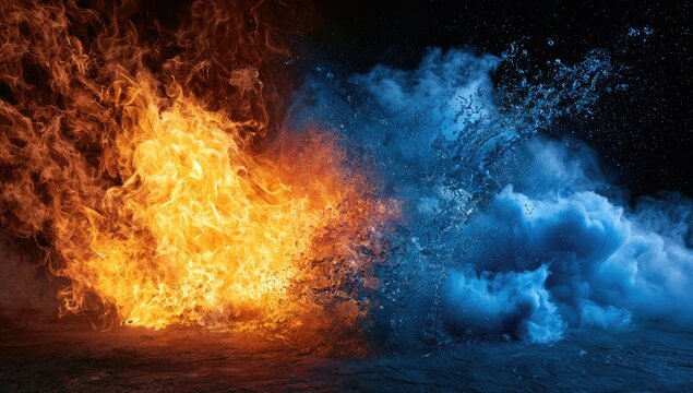 Vibrant flames clash with dynamic icy water, a powerful elemental contrast