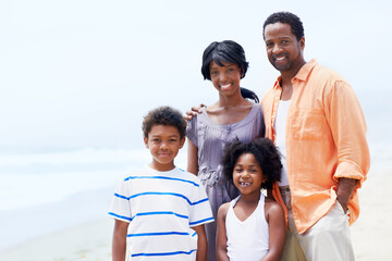 Obraz premium Smile, portrait and love with black family at beach for bonding, support and summer vacation. Travel, holiday getaway and space with parents and kids outdoor for connection and weekend break