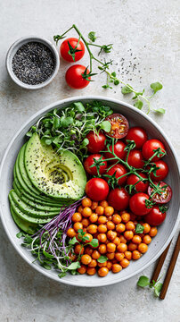 Vegan bowl. Fresh vegetable salad featuring sliced avocado, cherry tomatoes, chickpeas, and microgreens arranged in a round bowl on a light textured surface