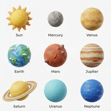 Solar system planets set. Nine celestial bodies in a 3x3 grid layout.