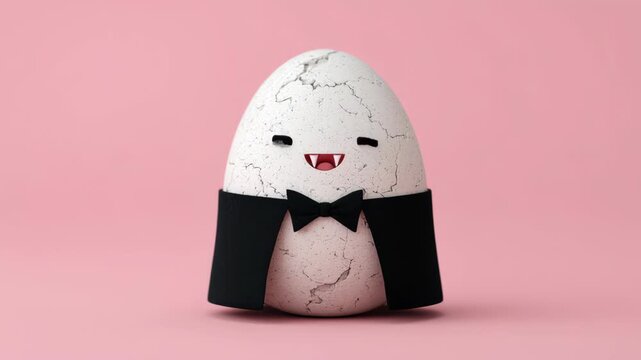 Cute egg vampire costume Halloween fangs cape bow tie on pink background