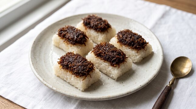 Traditional Indonesian ketan unti kelapa, glutinous sticky rice pieces topped with sweet palm sugar coconut on a ceramic plate near window light.