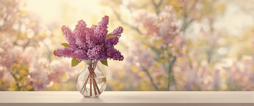 Lilac Bouquet in a Glass Vase on a Table with Soft Spring Background