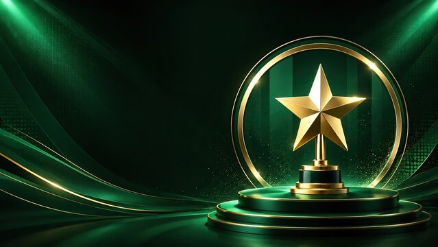 Golden star award on a podium. Success trophy on a stage with green luxury background.