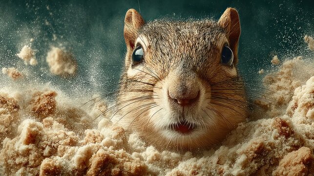 A close-up shot of a chipmunk emerging from a cloud of powdered material, facing forward