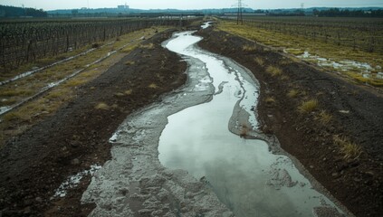 Obraz premium Meandering Stream Surrounded by Vineyards Under Overcast Sky