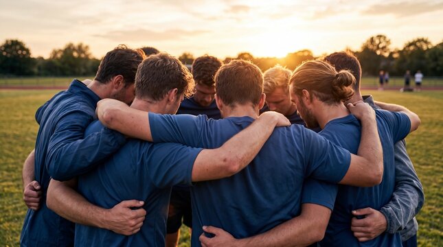 Male sports team huddling together with arms around shoulders on field at sunset.