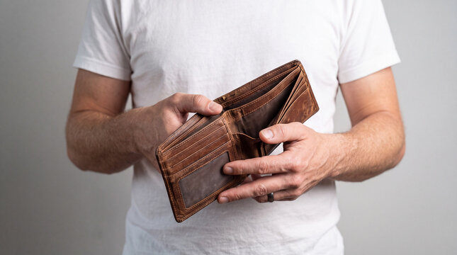 Man holding an open empty brown leather wallet showing lack of money.