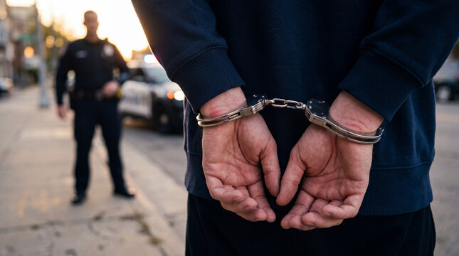 Handcuffed suspect standing on city street with police officer blurred in background.