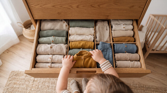 Baby hand reaching into a wooden dresser drawer neatly organized with folded neutral clothes and socks.