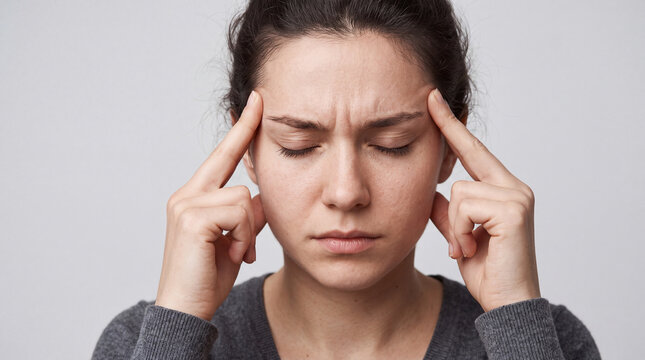Stressed woman with eyes closed massaging her temples to relieve severe migraine headache.