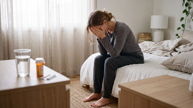 Depressed woman sitting on edge of bed covering her face near pills and glass of water.