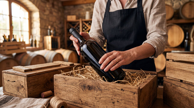 Winemaker carefully packing dark glass wine bottle into rustic wooden crate with straw in cellar.
