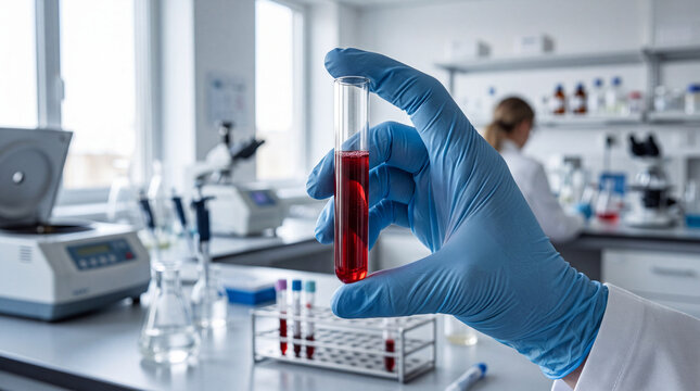 Gloved hand holding test tube filled with blood sample for analysis in modern laboratory.