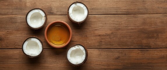 Fototapeta premium Coconut Bowls and Honey on Rustic Wooden Table with Natural Textures