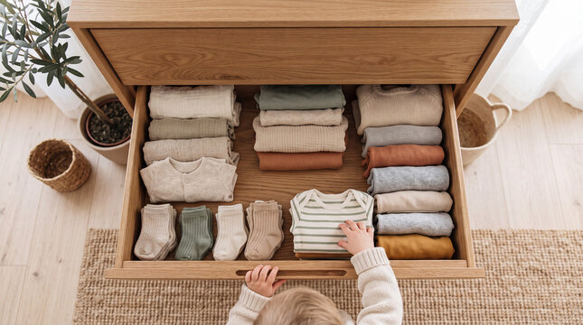 Baby hand reaching into a wooden dresser drawer neatly organized with folded neutral clothes and socks.