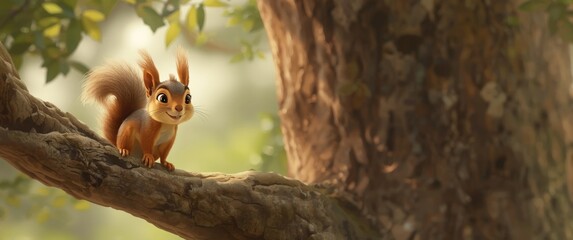 Obraz premium Cute Squirrel Standing on a Tree Branch in Soft Natural Light
