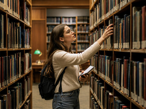 Young woman searches a library bookshelf while holding a book and selecting reading material in a quiet academic aisle surrounded by rows of organized volumes and warm study lighting