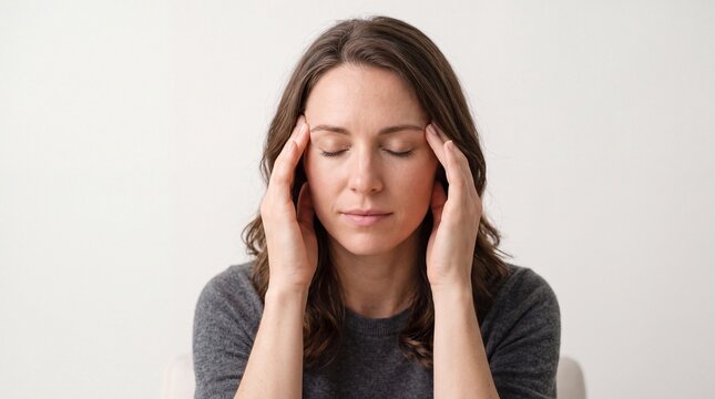 Stressed woman with eyes closed massaging her temples due to severe headache.