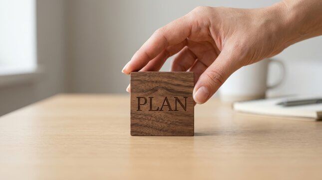 Hand placing wooden block with word plan on table