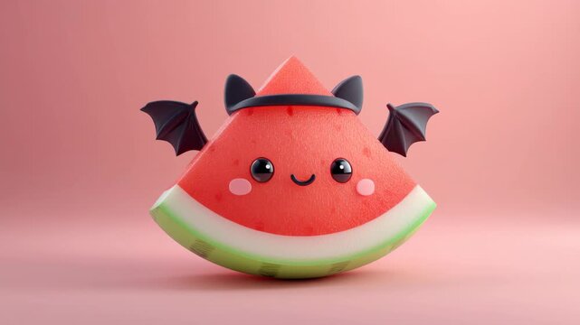 Cute Watermelon Bat Halloween Character With Pink Plush Wing Background