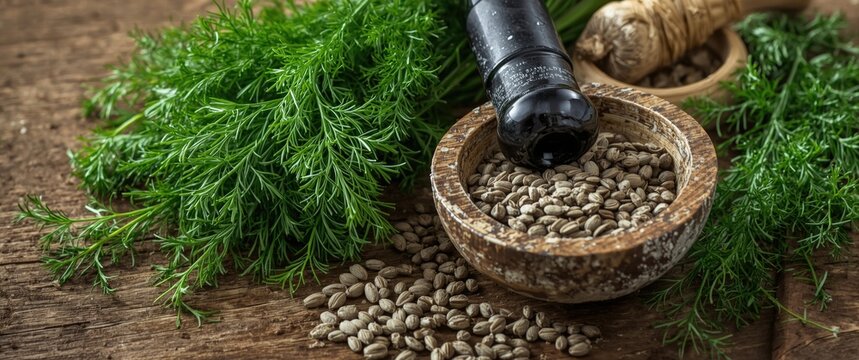 Hemp Seeds in a Bowl with Fresh Dill on Wooden Table