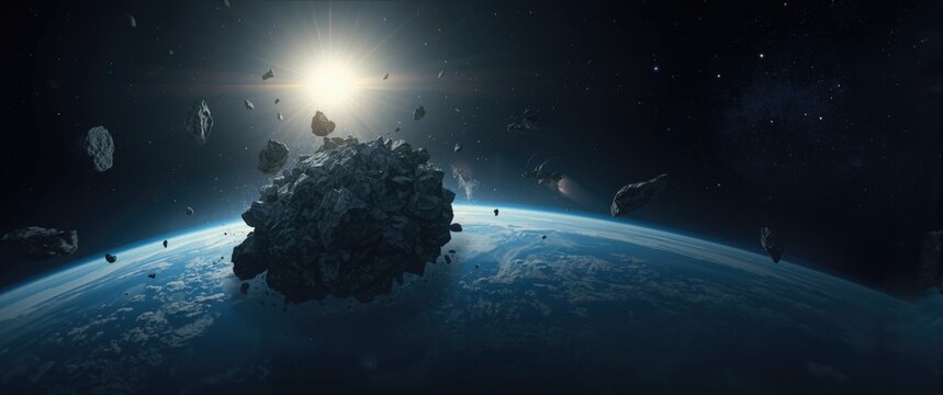 Asteroid Field Orbiting Earth with Sunlight and Dark Space Background