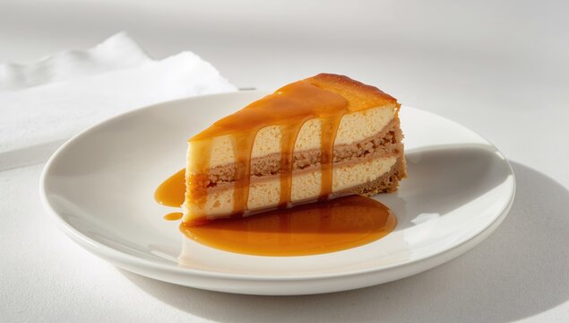 Creamy Layered Cake Slice with Caramel Sauce on a White Plate