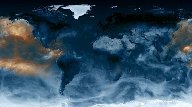 A global map showing Earth s continents and swirling atmospheric patterns with distinct color gradients