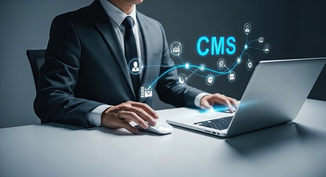 Business professional using laptop and mouse with CMS graphic overlay.
