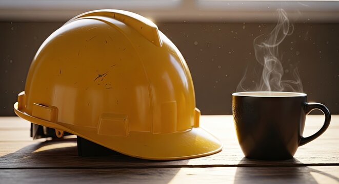 Yellow hard hat and coffee mug on wooden table.