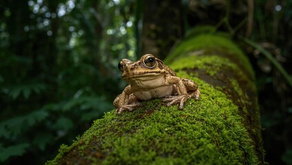 Obraz premium Frog Sitting on a Mossy Log in a Lush Rainforest Environment