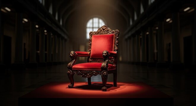 Ornate red velvet throne in a grand hall.