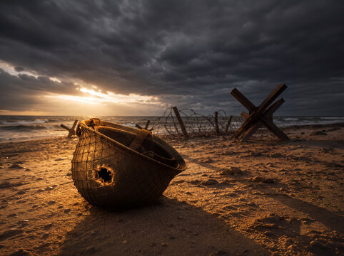 Bullet-Riddled M1 Helmet on Normandy Beach at Golden Hour 