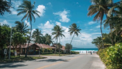 Fototapeta premium Tropical Beach Road with Palm Trees and Bright Blue Sky