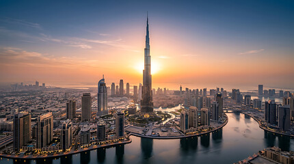 Naklejka premium Breathtaking sunset view of the iconic Burj Khalifa and Dubai city skyline, with the sun directly behind the world's tallest building, casting a golden glow over the urban landscape.