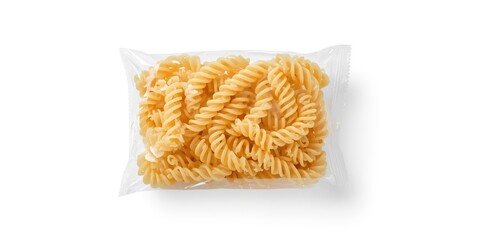 Fototapeta premium Pasta Fusilli in Clear Plastic Packaging on White Background